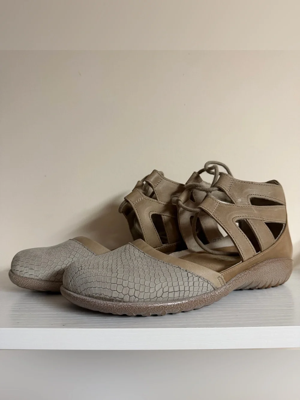 NAOT Footwear's Women's Lace-up Kata Shoe in Beige Lizard Size 6